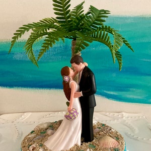 Beach wedding cake topper ~ Bride and groom under a Palm tree cake topper