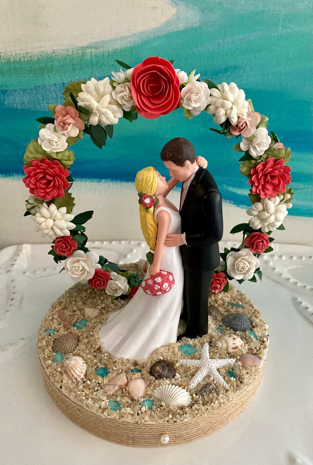 Beach Wedding Cake Topper floral Round Wedding Arch Cake Topper Bride