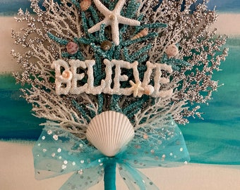 Coastal Beach Christmas Tree Topper ~ Seashell Christmas Tree Topper ~ Believe Tree Topper ~ Coral Sea FanTree Topper