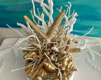 Gold seashell beach wedding cake topper ~~ Coral wedding cake topper ~~ gold starfish cake topper