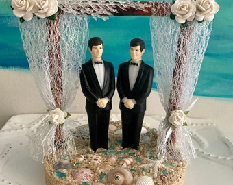 Gay Arch Pergola Beach Wedding Cake Topper ~ Mr. and Mr. wedding cake topping beach wedding