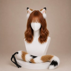 May include: A set of faux fur animal ears on a headband and a matching long faux fur tail with a black adjustable strap. The ears and tail feature a tri-color pattern of white, tan, and black fur. The set is displayed on a white mannequin head.