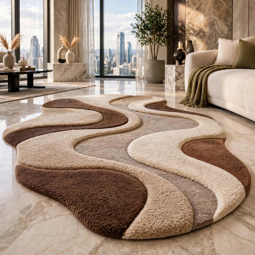 Hand-tufted Wool Abstract Wave Rug, Cream Beige Brown Modern Living ...