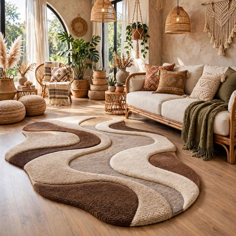 Hand-tufted Wool Abstract Wave Rug, Cream Beige Brown Modern Living ...