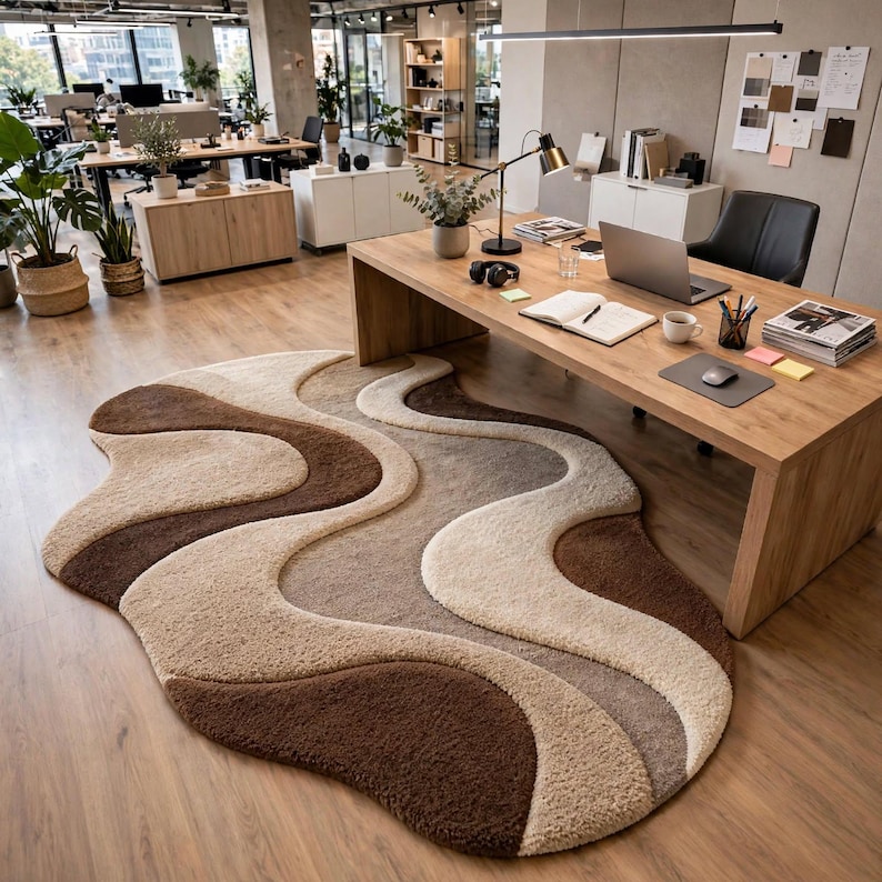 Hand-tufted Wool Abstract Wave Rug, Cream Beige Brown Modern Living ...