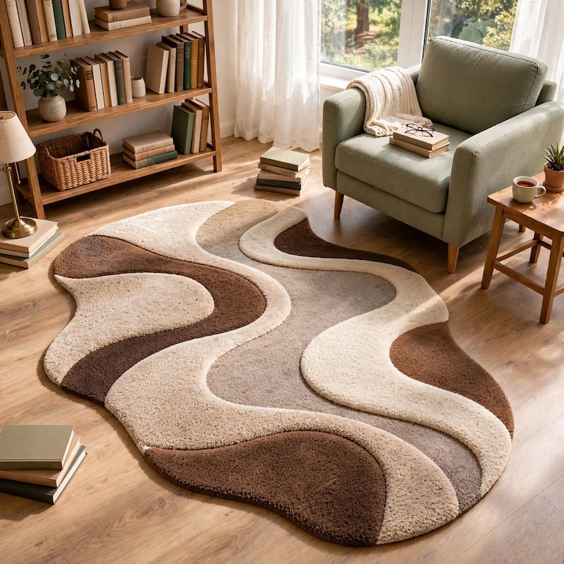 Hand-tufted Wool Abstract Wave Rug, Cream Beige Brown Modern Living ...