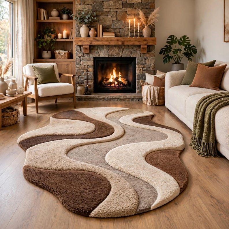 Hand-tufted Wool Abstract Wave Rug, Cream Beige Brown Modern Living ...