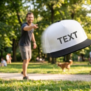 Può includere: Un cappellino da baseball bianco con visiera nera e la parola TEXT stampata in nero sul pannello frontale. Il cappellino è catturato a mezz'aria e mostra una corona strutturata, una visiera piatta e un piccolo bottone nero sulla sommità.