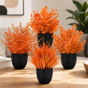 4 Pack Small Fall Artificial Plants in Black Pots, Mini Faux Plants, Autumn Table Decor, Desktop Greenery, Shelf and Office Decoration