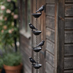 Puede incluir: Una cadena de lluvia de metal negro con una serie vertical de cuatro figuras de pájaros, cada una posada en el borde de un pequeño cuenco. Los eslabones de la cadena conectan los cuencos, permitiendo que el agua fluya hacia abajo.
