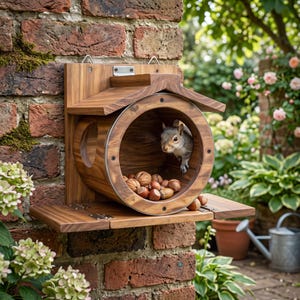 Könnte beinhalten: Ein Eichhörnchen-Futterhaus aus Holz mit einer kreisförmigen Öffnung und einer klappbaren Plattform. Die Struktur hat eine braune Holzmaserung und enthält eine Ansammlung von Nüssen. Ein kleines graues Eichhörnchen ist in der Kammer zu sehen.