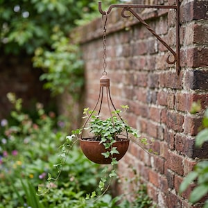 May include: A rustic, hemispherical metal planter with a weathered brown finish, suspended by a matching metal chain and a decorative wall-mounted bracket. The planter holds a lush green ivy plant with trailing vines cascading over the sides.