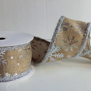 Silver Tinsel Trimmed Snowflake Hessian Wired Edge Ribbon - 63mm wide