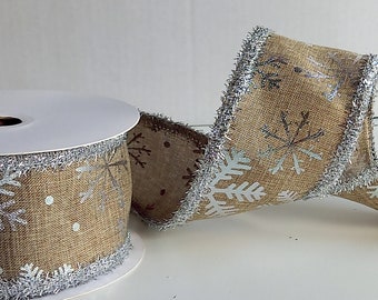 Silver  Snowflake Hessian Wired Edge Ribbon - 63mm wide