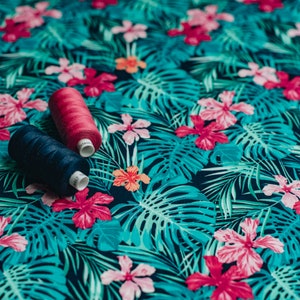 Tropical Jungle Leaves Printed 100% Cotton Poplin - Navy Blue, Turquoise & Bright Pink Flowers - by the metre - UK SELLER