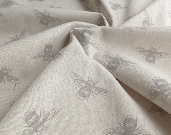 Natural Woven Cotton Linen Mix Light Canvas Fabric with Bee Print