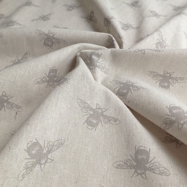 Toile légère tissée naturelle en coton et lin avec imprimé d'abeilles