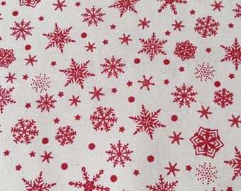 Red Snowflakes Christmas Print on Natural Cream Calico Cotton Fabric