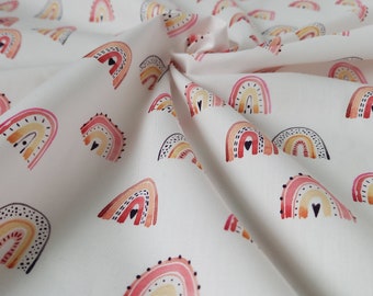 Rainbows Print on 100% Cotton Woven Poplin Fabric – Pink Peach Black & Ivory