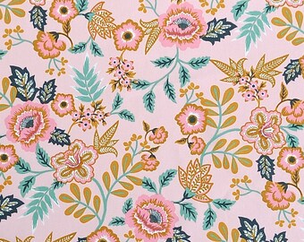 Pink & Green Gardenia Floral Print on 100% Cotton Woven Poplin Fabric