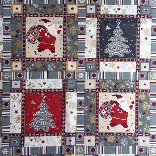 Patchwork Style Printed Christmas Fabric 100% Woven Cotton - Grey Red ivory & Gold