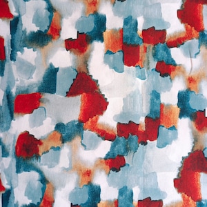 Impressão digital de pincelada artística abstrata em tecido 100% algodão - azul-petróleo e vermelho ferrugem