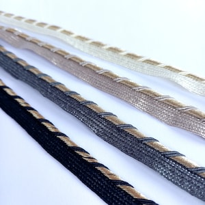 Twisted Gold lurex flanged insert piping cord trim - luxury braid with black, ivory, cream, grey or beige - by the metre, 5m or full roll