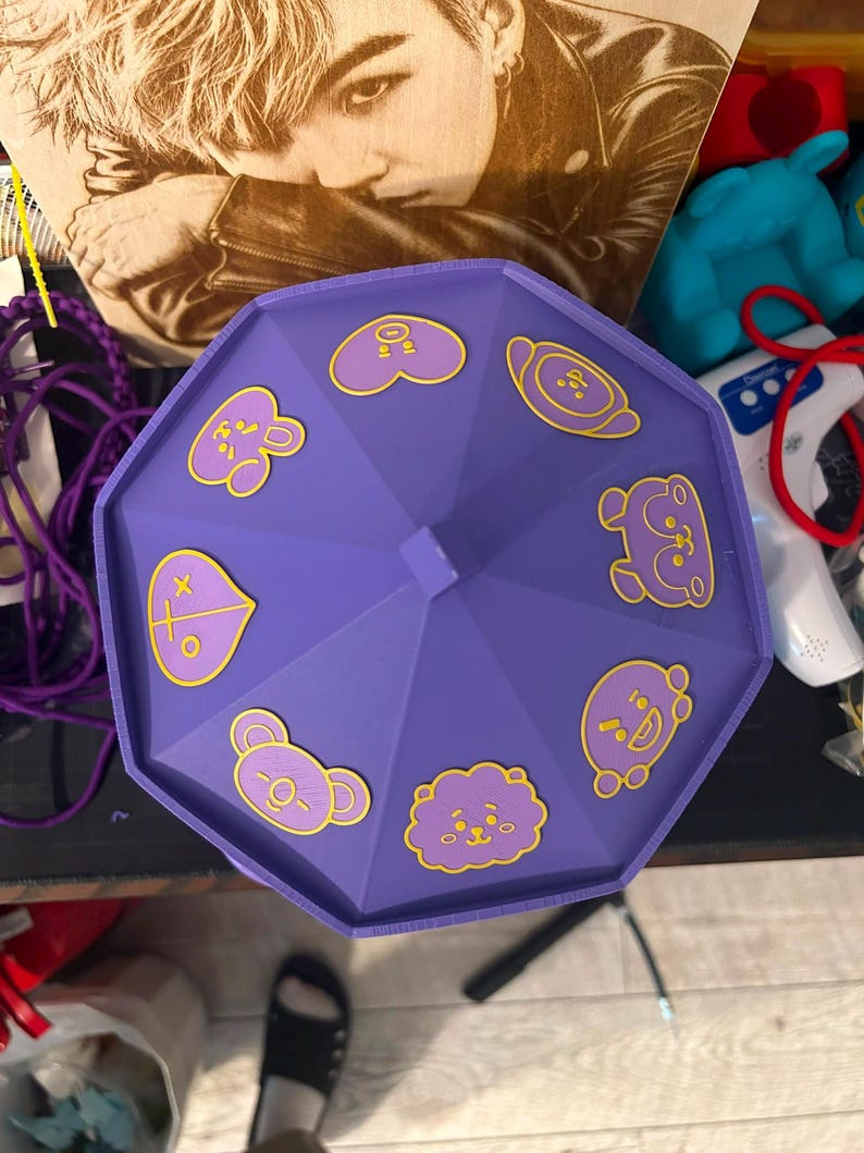 Pode incluir: Uma tampa octogonal roxa com oito &iacute;cones de personagens distintos com contornos amarelos dispostos em um padr&atilde;o circular. Os &iacute;cones incluem v&aacute;rios rostos e formas estilizadas, como um cora&ccedil;&atilde;o, uma nuvem e v&aacute;rias figuras animais em uma superf&iacute;cie roxa.