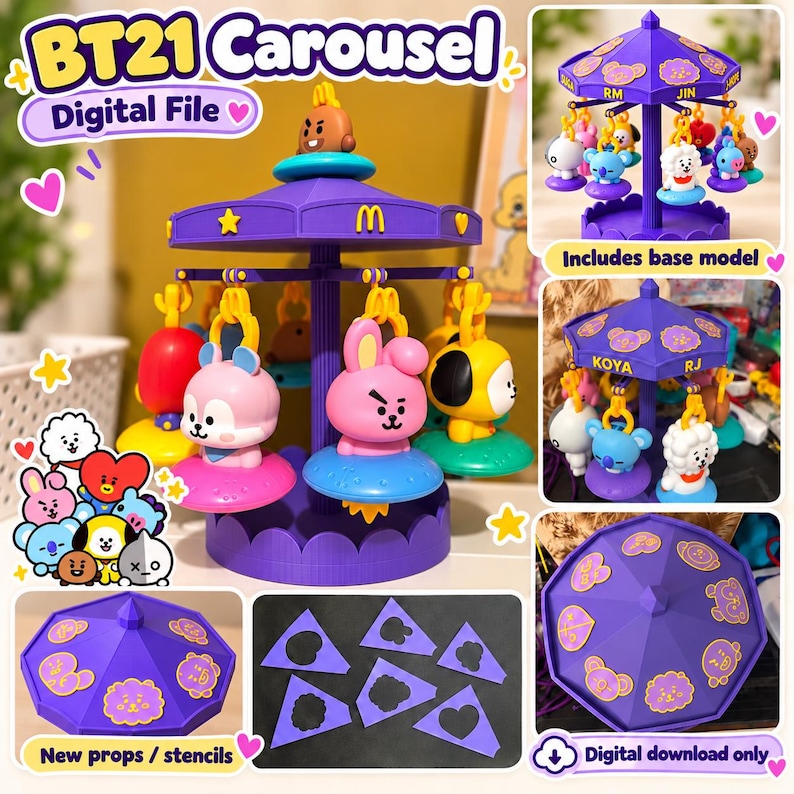 Pode incluir: Um brinquedo de carrossel roxo com figuras de personagens BT21 penduradas em ganchos amarelos. A estrutura inclui um poste central, um telhado com &iacute;cones de personagens e uma base. O conjunto inclui est&ecirc;nceis e arquivos digitais.