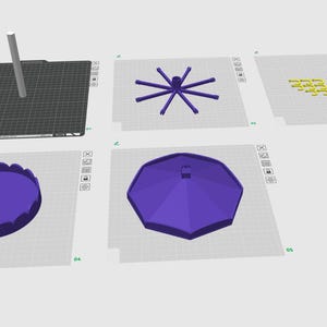 Pode incluir: Uma visualiza&ccedil;&atilde;o digital de modelo 3D mostrando cinco componentes roxos e amarelos para um objeto tipo carrossel. As pe&ccedil;as incluem um poste central, uma base circular com bordas recortadas, uma estrutura de raios, uma pe&ccedil;a de telhado e pequenos elementos decorativos amarelos.