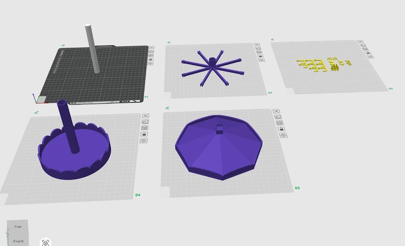 Pode incluir: Uma visualiza&ccedil;&atilde;o digital de modelo 3D mostrando cinco componentes roxos e amarelos para um objeto tipo carrossel. As pe&ccedil;as incluem um poste central, uma base circular com bordas recortadas, uma estrutura de raios, uma pe&ccedil;a de telhado e pequenos elementos decorativos amarelos.