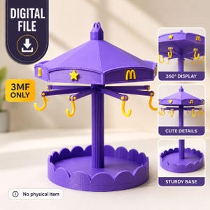 May include: A purple carousel-style jewelry display stand featuring a central pillar, a scalloped base, and a rotating top with yellow hooks. The structure includes yellow decorative icons like stars and the letter M. Text reads DIGITAL FILE, 3MF ONLY.