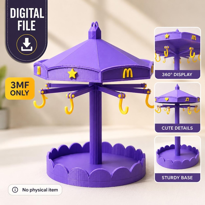 Pode incluir: Um organizador de joias roxo em estilo carrossel com um pilar central, uma base circular recortada e um topo girat&oacute;rio com detalhes de estrelas e letras amarelas. O design inclui v&aacute;rios ganchos amarelos para pendurar objetos.