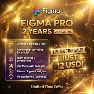 Op de afbeelding: Een digitale afbeelding voor Figma Pro 2 Years 24 Months met een gouden en zwarte achtergrond en lichtflitsen. De tekst bevat Unlimited projects & files, Advanced prototyping & variables, Team libraries & components, Dev Mode en 12 USD.