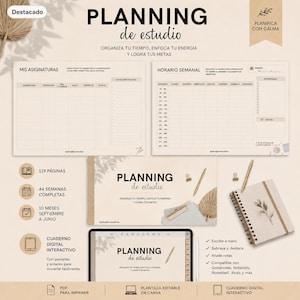 May include: A digital study planner set featuring a weekly schedule and subject tracker with beige and white layouts. The text includes "PLANNING de estudio," "MIS ASIGNATURAS," and "HORARIO SEMANAL." Includes a spiral notebook and tablet screen.
