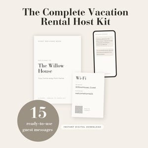 Könnte beinhalten: Das komplette Gastgeber-Set für Ferienunterkünfte enthält ein Gäste-Willkommensbuch, eine WLAN-Informationskarte und ein Smartphone mit einer Willkommensnachricht. Ein kreisförmiges Abzeichen zeigt 15 fertige Nachrichten und Download.
