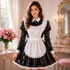 May include: A black vinyl dress with long sleeves and a white collar, featuring a white apron overlay with lace trim. The dress has a flared skirt with a white lace hem, a fitted waist, and a button-up front, creating a glossy, structured appearance.