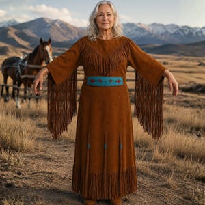 May include: A brown suede dress featuring long sleeves with extensive fringe detailing along the arms and chest. The garment includes a wide belt with a turquoise and red geometric pattern, and additional fringe accents at the lower hemline.