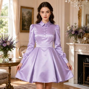 Lavender Sissy Satin French Maid Fluffy Long Sleeve Lapel Dress Pastel Purple Puff Sleeve Elegant Collared Fit Flare Halloween Cosplay Dress