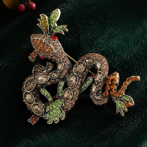 Vintage-Inspired Python Brooch, Multicolor Coiled Snake Pin with Sparkling Decorative Details