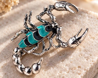 Scorpion Brooch Pin, Silver-Tone Claws and Curved Tail with Glossy Teal and Black Accents