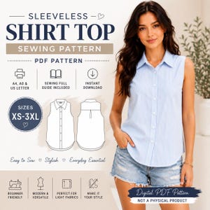 Può includere: Un cartamodello digitale in PDF per un top senza maniche, con il testo SLEEVELESS SHIRT TOP SEWING PATTERN, taglie XS-3XL e icone per i formati A4, A0 e US letter. La grafica mostra un disegno tecnico a linee del capo d'abbigliamento.