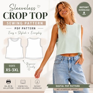 Könnte beinhalten: Ein digitales Schnittmuster für ein ärmelloses bauchfreies Oberteil mit dem Text Sleeveless Crop Top Sewing Pattern, PDF Pattern, Easy, Stylish, Everyday, Beginner Friendly, Sizes XS-3XL, A4, A0 & US Letter und Digital PDF Pattern.