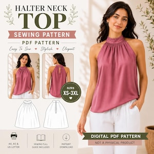 May include: A digital sewing pattern for a mauve halter neck top with a gathered high neckline and a keyhole back closure. The document includes technical line drawings, sizing from XS to 3XL, and instructions for printing on A4, A0, or US letter paper.