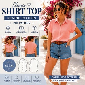 Klassiek overhemdpatroon (PDF) | Blousepatroon voor dames met knoopsluiting, maten XS-3XL | A4, US Letter, A0 Projector