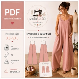 Może przedstawiać: Wykrój krawiecki w formacie PDF na kombinezon oversize od AmeliaStitchCo, dostępny w rozmiarach XS-5XL. Plik cyfrowy zawiera formaty A4, US Letter, A0 i projektor. Obraz przedstawia brudnoróżowy kombinezon na cienkich ramiączkach z kieszeniami.