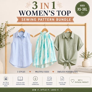 May include: A 3-in-1 sewing pattern bundle for a top, featuring three styles: a light blue sleeveless button-down, a turquoise and white tie-dye halter top, and a sage green short-sleeve button-down with a front tie, available in sizes XS-3XL.