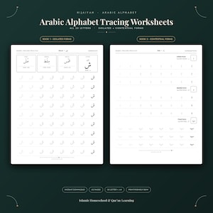 May include: Arabic alphabet tracing worksheets featuring two books for isolated and contextual forms. The pages include rows of light grey letters for practice, with clear headings and examples for each form. The design is black and white.