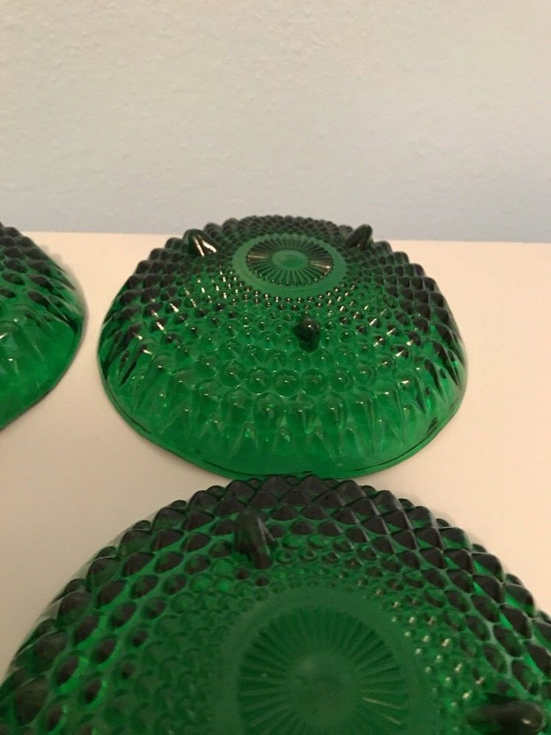 Four Green Glass Footed Dishes Bowls Teardrop Embossed Scalloped Edge Christmas Tablesetting Christmas Entertaining
