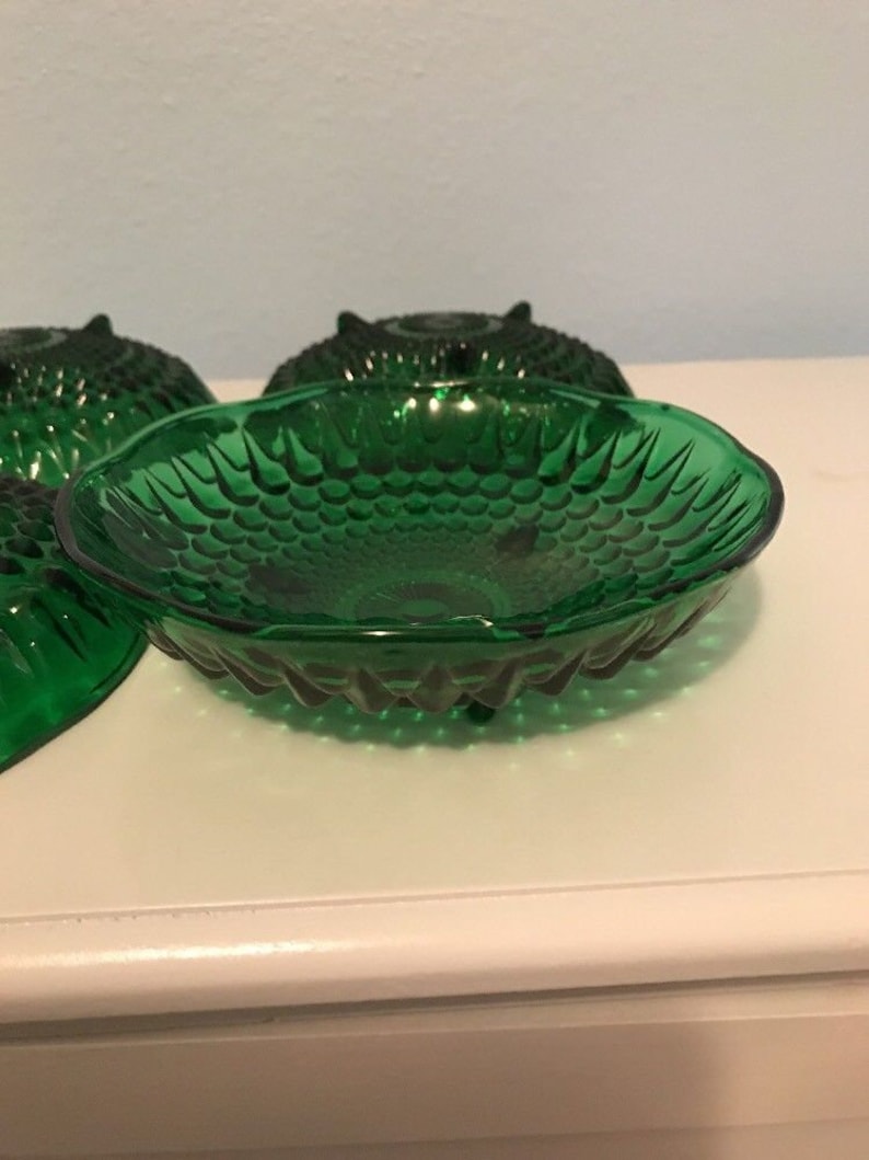 Four Green Glass Footed Dishes Bowls Teardrop Embossed Scalloped Edge Christmas Tablesetting Christmas Entertaining